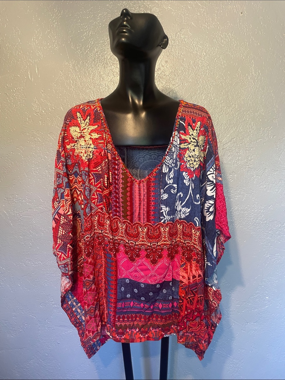Desigual Red Multi Patchwork V-Neck Tunic
